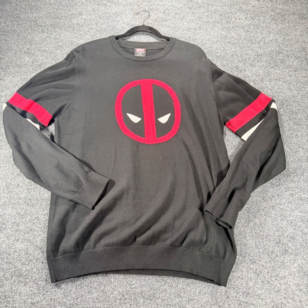 Marvel Deadpool Sweater Graphic Logo Racing Stripe Knit Top 2XL Black Mens Rare